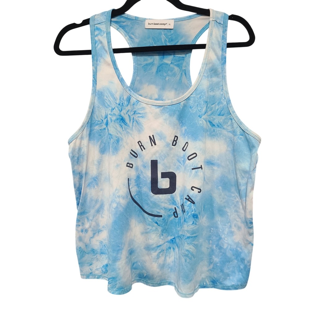 Burn Boot Camp Womens XL Racerback Tank Top Blue White Tie Dye Logo Gym Workout